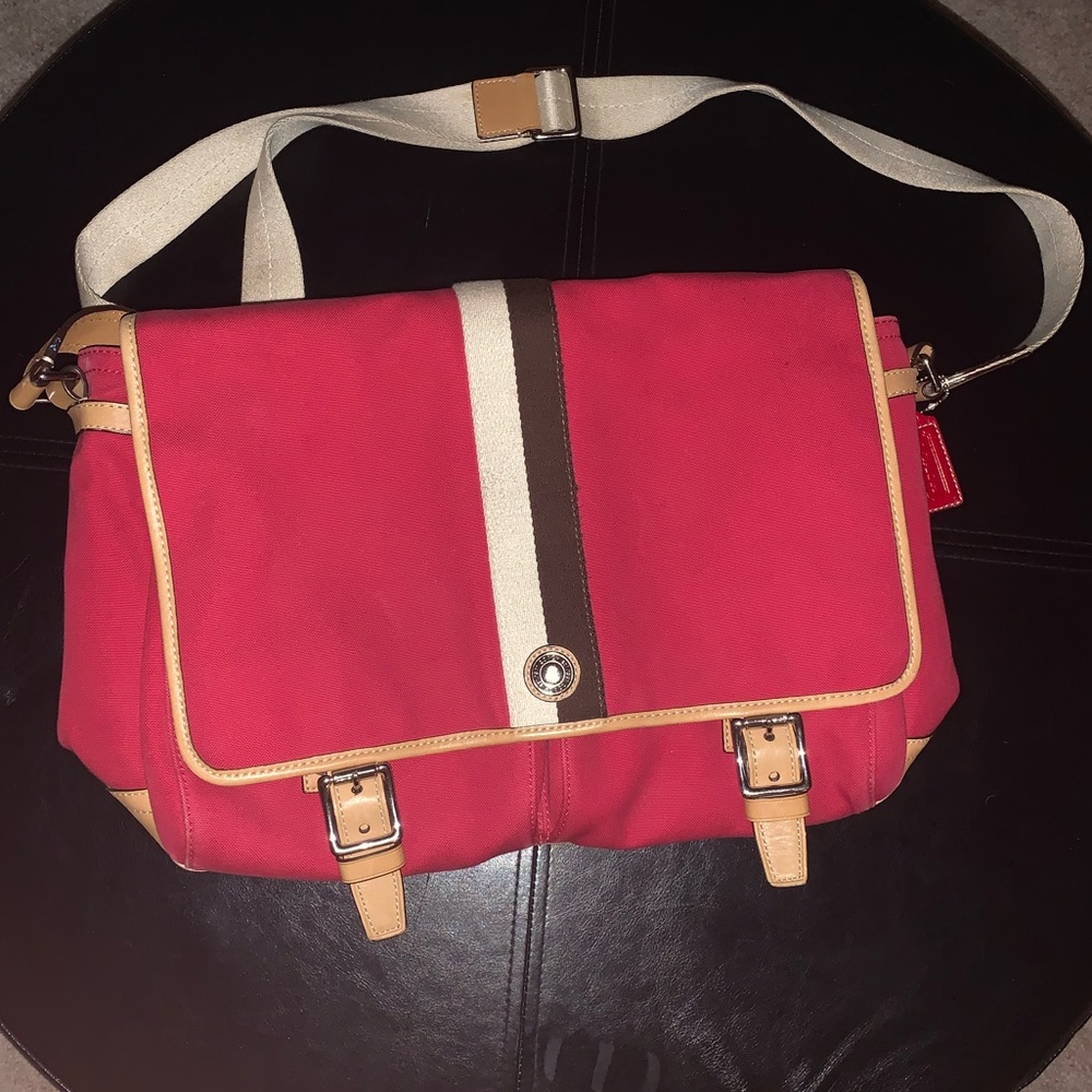 Coach messenger bag. Red & tan